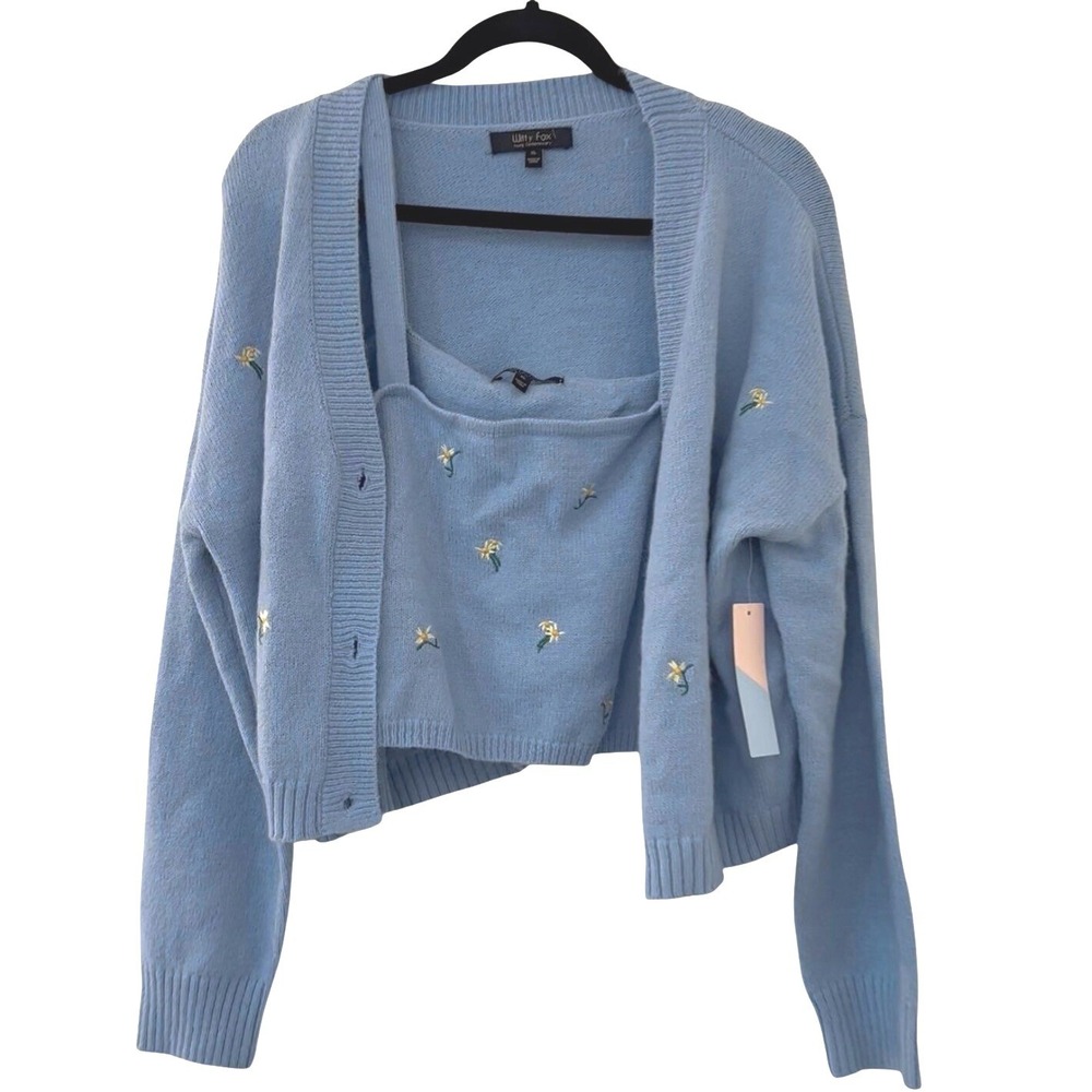 Witty Fox Blue Floral Embroidered Cardigan and Tank Sweater Set XL Cottagecore